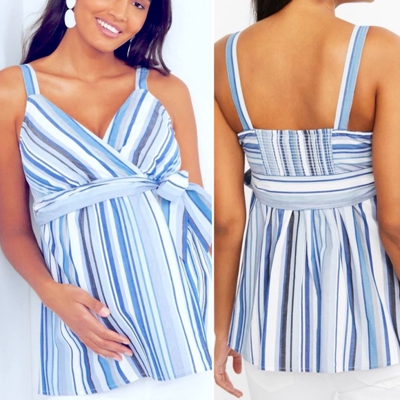 Motherhood Maternity Printed Smocked Back Maternity Tank Top in Blue Stripe - Picture 2 of 7